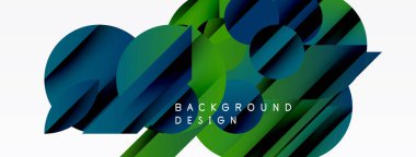 Soyut geometrik şekiller örtüşür, dinamik gradyan arkaplan oluşturur. Modern tasarım serin yeşil, mavi tonlar içerir.