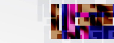 Soyut dijital sanat. Bloklar, kareler, dikdörtgenler renkli desenler oluşturur. Mor, kahverengi, beyaz baskın kompozisyon. Minimalist tasarım.