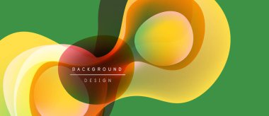 Soyut akışkan şekiller, canlı renkler, modern tasarım. Yeşil zemin turuncu ve sarı katmanları tamamlıyor. Minimalist metin mevcut.