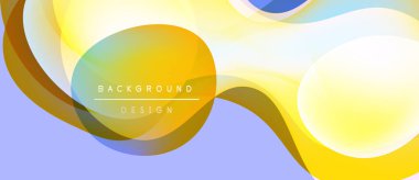 Soyut sıvı şekiller, canlı renkler, modern tasarım. Sarı, turuncu, mavi gradyanlar dinamik bileşim oluşturur. Metin arkaplan tasarımı okur.
