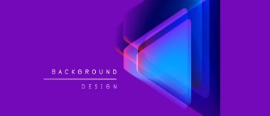 Soyut geometrik şekiller üst üste biniyor, mor, mavi gradyanlar. Modern tasarım elementleri canlı görsel etki yaratır. Minimalist metin arka plan kavramını vurguluyor.