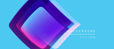 Soyut geometrik şekiller örtüşüyor, canlı renk eğimleri yaratıyor. Mavi arka plan mor ve pembe renkleri tamamlıyor. Modern tasarım ögesi.