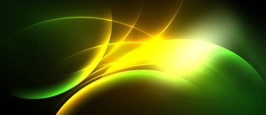 Soyut parlak çizgiler, kıvrımlar, sarı parıltı. Yeşil arka plana hükmediyor, dinamik görsel efekt yaratıyor. Parlaklık, karanlık uzaya zıt.