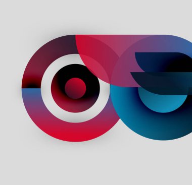 Soyut grafik tasarımı. Üst üste binen daireler sonsuzluk sembolü oluşturur. Kırmızı, mavi, mor renkler kompozisyona hakim. Modern, minimalist estetik.