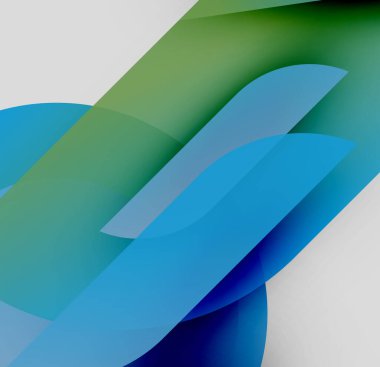 Soyut kompozisyon. Üst üste binen şekiller dinamik görsel akış yaratır. Serin renkler baskın, sükuneti ve derinliği gösteriyor. Yumuşak gradyanlar modern estetik sunar.