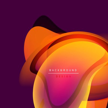 Soyut sıvı şekiller, canlı turuncu, sarı, mor renkler. Modern tasarım ögesi, pürüzsüz eğimler, dinamik bileşim.