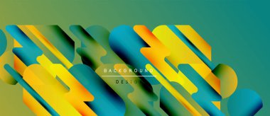 Soyut geometrik şekiller örtüşüyor, canlı renk eğimleri yaratıyor. Teal arkaplanı sarı, turuncu renkleri tamamlar. Modern tasarım ögesi.