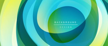 Soyut dairesel katmanlar, canlı yeşiller, maviler, sarılar. Modern tasarım elementleri, pürüzsüz eğimler, dinamik bileşimler. Temiz estetik.