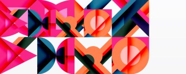 Soyut geometrik bileşim. Canlı renkler kesişiyor, dinamik desenler oluşturuyor. Kare egemen, modern estetik sunuyor.