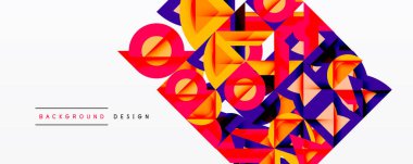 Soyut geometrik şekiller örtüşür, canlı renkli tasarım yaratır. Turuncu, mor, kırmızı baskın kompozisyon. Modern estetik.