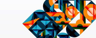 Soyut geometrik bileşim. Şekiller örtüşüyor, dinamik görsel doku oluşturuyor. Mavi, turuncu renkler tasarımda baskın. Modern estetik.