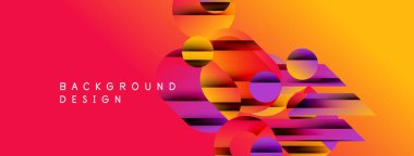 Soyut enerjik tasarım. Üst üste binen daireler, dikdörtgenler dinamik değişim etkisi yaratır. Kırmızı, turuncu, sarı, mor renkler baskın bileşim.