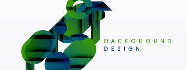 Soyut geometrik şekiller örtüşür, dinamik görsel doku oluşturur. Yeşil, mavi renkler kompozisyona hakim. Modern tasarım ögesi.