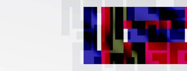 Soyut geometrik şekiller görüntüye hükmediyor. Renkler kırmızı, mavi, mor, beyaz, siyah. Kompozisyon modern, dijital hissettiriyor.