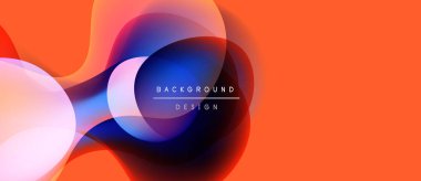 Soyut sıvı şekilleri örtüşür ve canlı renk değişimleri yaratır. Turuncu arka planda baskın, mavi, mor aksanlı. Modern tasarım ögesi.