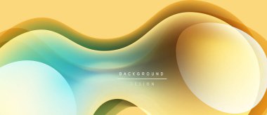 Soyut sıvı şekilleri, sıcak renkler baskın gelir. Yumuşak eğimler akıcı tasarım yaratır, modern estetik. Arkaplanda metin ögeleri.