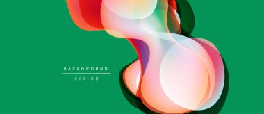 Soyut sıvı şekilleri üst üste binerek yeşil arkaplanda canlı renk değişimleri yaratır. Modern tasarım elementleri hareket ve enerji.
