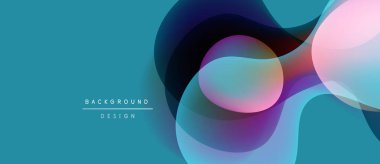 Soyut arkaplan özellikleri üst üste binen renkli şekiller. Teal baskın, mor, mavi, pembe aksanlarıyla. Minimum metin arka plan tasarımı okur. Modern, temiz estetik.