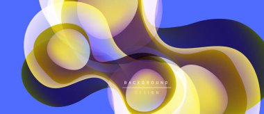 Soyut akışkan şekiller, canlı renkler, modern tasarım. Sarı, mor renkler mavi arkaplanda kusursuz bir şekilde harmanlanır. Zarif kompozisyon.