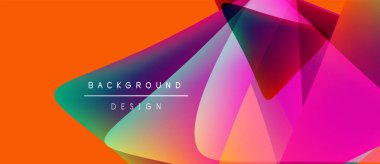 Soyut enerjik tasarım. Üst üste binen renkli şekiller dinamik görsel efekt yaratır. Turuncu arka plan pembe ve mavi renkleri tamamlıyor. Metin arkaplan tasarımı okur.