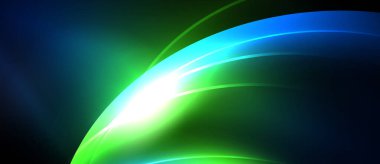 Soyut parlak kıvrımlar, parlak yeşil maviye karışıyor. Parlak beyaz enerji yayar, karanlık arka plan parıltıyı vurgular. Yumuşak gradyanlar dinamik görsel efekt yaratır.