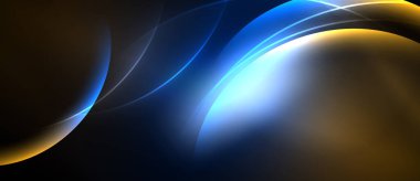 Soyut tasarım dalgalı kıvrımlar, canlı maviler, koyu arkaplana karşı altınlar içerir. Işık yayar, dinamik görsel efekt yaratır..