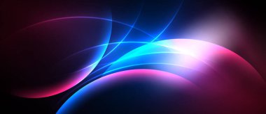 Soyut akışkan şekiller, canlı renkler, dinamik ışık. Mavi, mor, pembe renkler enerjik kompozisyon yaratır. Yumuşak gradyanlar baskın gelir.