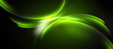 Soyut yeşil dalgalar, parlak çizgiler, koyu arkaplan. Pürüzsüz şekiller dinamik enerji yaratır, akışkan formlar. Parlaklık çok güzel tezat oluşturuyor..