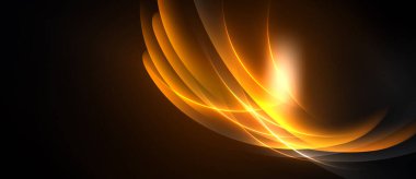 Soyut altın çizgiler eğrisi, parlak ışığı karanlık arka plana yayıyor. Dinamik bileşim enerjiyi, sıcaklığı, hareketi çağrıştırır..