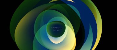 Soyut dairesel katmanlar, yeşil, mavi, sarı renkler. Modern tasarım, dinamik kompozisyon, merkezi ışıltı etkisi. Minimalist arkaplan ögesi.