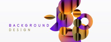 Soyut geometrik şekiller örtüşüyor, canlı turuncu ve mor renkler yaratıyor. Beyaz arka plan temiz bir kontrast sağlıyor. Modern tasarım ögesi.