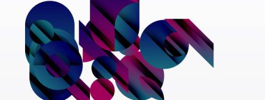 Soyut geometrik şekiller örtüşüyor, canlı renk eğimleri yaratıyor. Kompozisyonda maviler, morlar, beyaz arka planda pembeler yer alır. Modern tasarım.