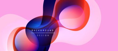 Soyut sıvı şekilleri örtüşür ve canlı renk değişimleri yaratır. Pembe arka plan mavi, kırmızı renkleri tamamlar. Modern tasarım ögesi.