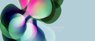 Soyut sıvı şekilleri örtüşür ve canlı renk değişimleri yaratır. Açık mavi arkaplan karşıtlık sağlar. Modern tasarım ögesi.