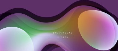 Soyut sıvı şekiller, canlı renklerin karışımı. Mor baskın, yeşil, turuncu, pembe röfleli. Arka planlar için modern tasarım ögesi.