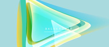 Soyut dizayn özellikleri katmanlı üçgenler, canlı renkler, pürüzsüz eğimler. Açık mavi arka plan parlak şekilleri tamamlayarak modern estetik yaratıyor..