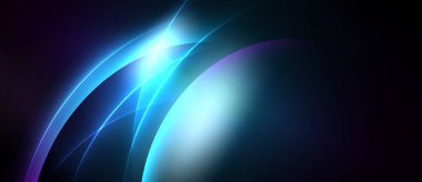 Soyut tasarım parlak mavi eğriler ve ışık saçar. Koyu arkaplan parlayan şekilleri vurgular, dinamik görsel efekt yaratır.