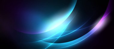 Soyut tasarım dalgalı kıvrımlar, canlı maviler, morlar, beyaz ışık içerir. Yumuşak gradyanlar dinamik görsel efekt yaratır.