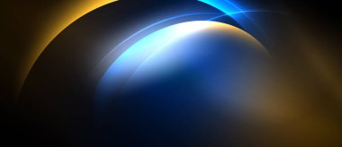 Kavisli çizgilerin, canlı mavilerin ve altınların yer aldığı soyut bir kompozisyon. Yumuşak eğimler ışık efekti yaratır, koyu arkaplan şekilleri vurgular.