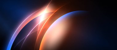 Soyut tasarım kıvrımlı çizgiler, canlı renkler içerir. Mavi, turuncu, beyaz karışım dinamik görsel etki yaratıyor. Işık merkezi noktadan yayılır.