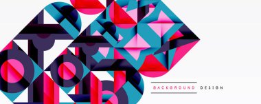 Soyut geometrik şekiller, canlı renkler, modern tasarım. Kompozisyonda üst üste binen çokgenler, dinamik görsel doku oluşturur.