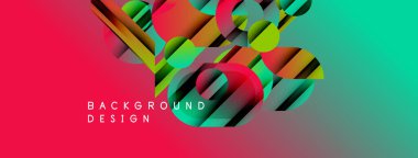 Soyut, enerjik bir arkaplan. Geometrik şekiller örtüşür, dinamik renkli kompozisyon oluşturur. Kırmızıdan turkuaza geçişler. Modern tasarım elemanları.