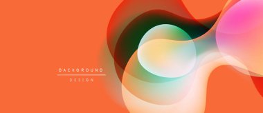 Soyut sıvı şekilleri örtüşür ve canlı renk değişimleri yaratır. Turuncu arkaplan akışkan tasarım elementlerini tamamlar. Metin arkaplan tasarımı okur.