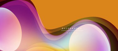 Soyut sıvı şekiller, canlı renklerin karışımı. Turuncu, mor, pembe renkler dinamik arka plan tasarımı yaratır. Düzen eğimleri kompozisyona hakim.