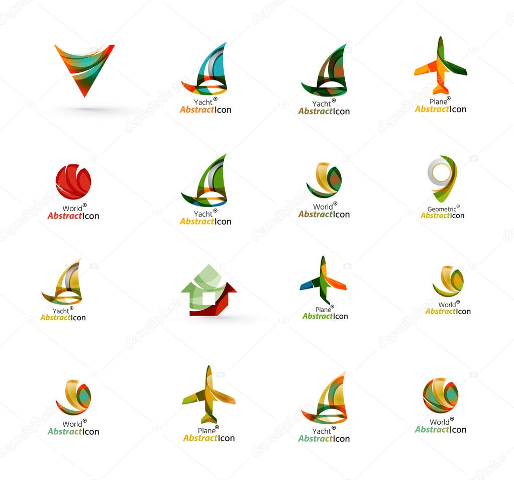 Set of abstract travel logo icons. Business, app or internet web symbols. Thin lines and colors with white