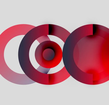 Soyut tasarım özellikleri üst üste binen kırmızı daireler. Gözlükler değişir, derinlik yaratır. Minimalist tarz, modern estetik, gri arkaplan.