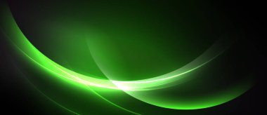 Soyut yeşil ışık kıvrımları koyu arkaplan boyunca akar. Pürüzsüz gradyanlar dinamik görsel efekt yaratır. Minimalist tasarım.