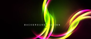 Parlak soyut çizgiler dinamik eğriler oluşturur. Koyu arkaplana karşı canlı renkler. Dijital projeler için modern tasarım ögesi.