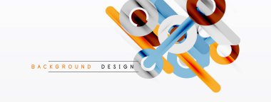 Soyut geometrik şekiller örtüşür, dinamik görsel efekt yaratır. Beyaz arka planda turuncu, mavi, gri elementler. Minimalist tasarım.