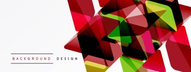 Soyut geometrik şekiller örtüşüyor, canlı kırmızı, yeşil, sarı bileşim oluşturuyor. Beyaz alan temiz kontrast sağlıyor. Modern tasarım ögesi.